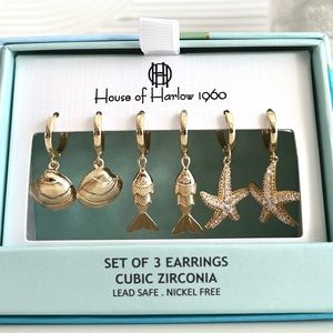 House of Harlow 1960 Gold Earrings Beach Set Unique shapes 3 Pair included.